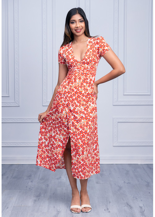 V CUT FLORAL MIDI DRESS